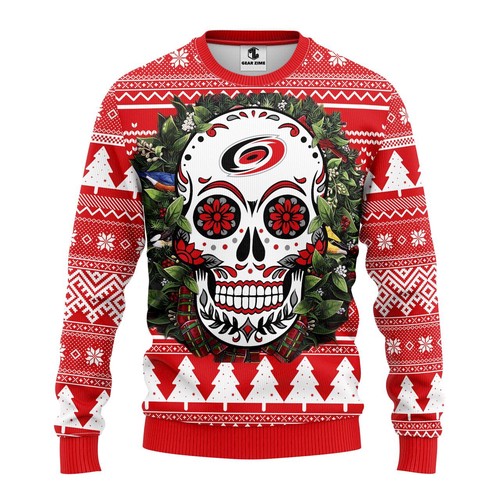 Carolina Hurricanes Skull Flower Christmas Gift For Fan Ugly Wool Sweater Christmas