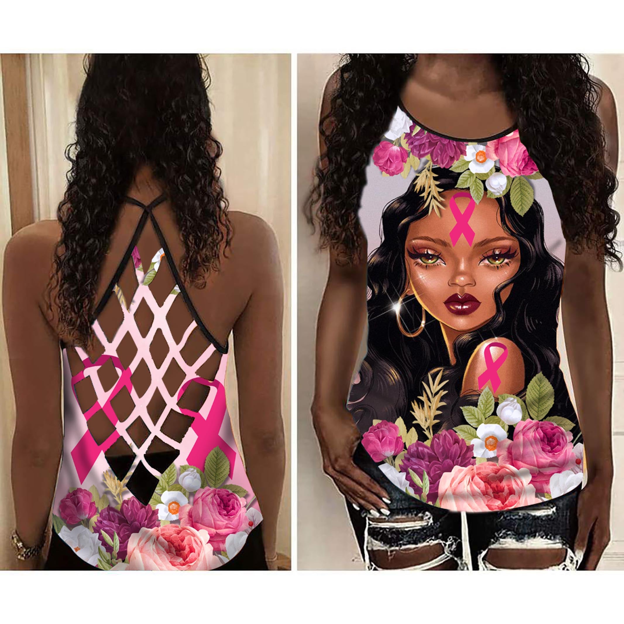 Flower And Little Black Girl Tank Top Shirt Women – Cancer Awareness Cross Open Back Camisole Tank