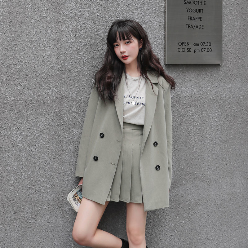 Small Suit Female Korean Spring and Autumn Jacket + Pleated Skirt Two-piece College Style Student Female Suit alx