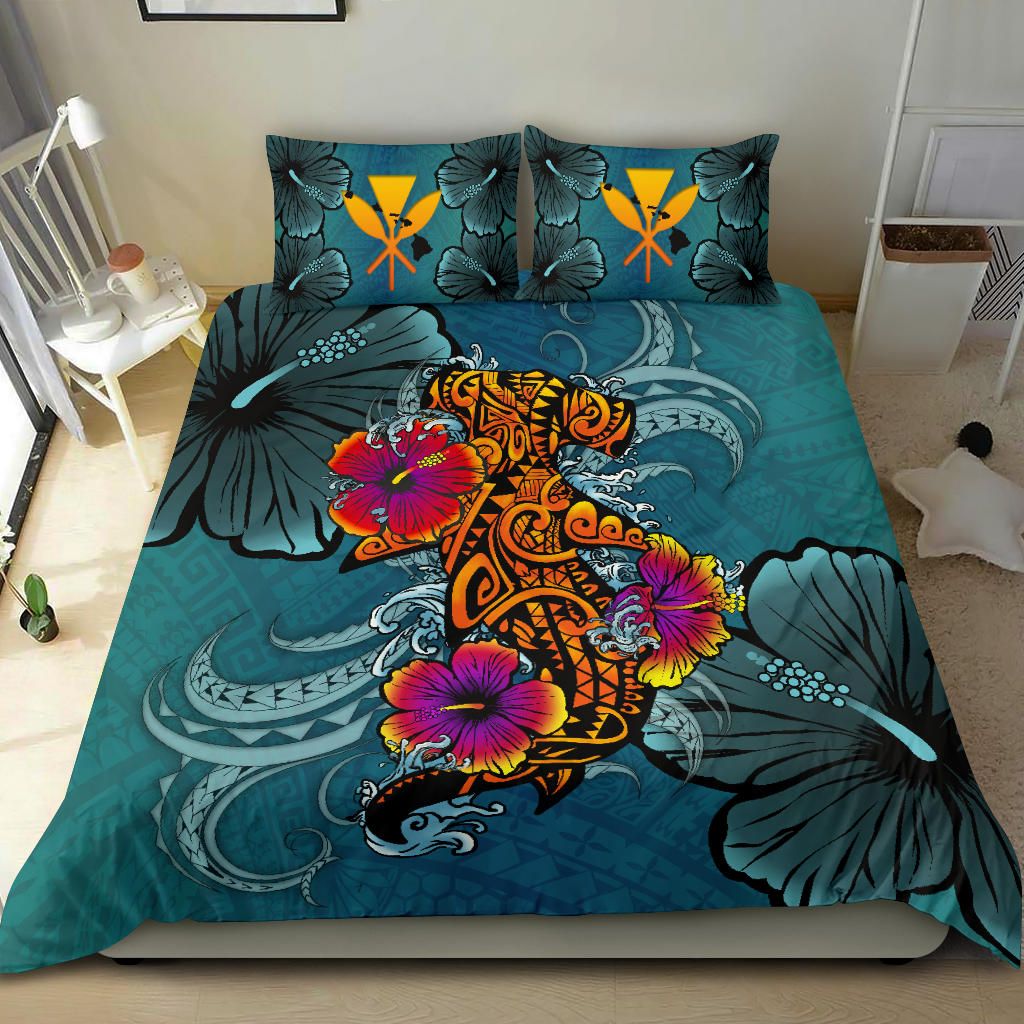 Alohawaii Bedding Set – Cover And Pillow Cases Kanaka Maoli (Hawaiian) – Polynesian Hammerhead Shark Hibiscus A24