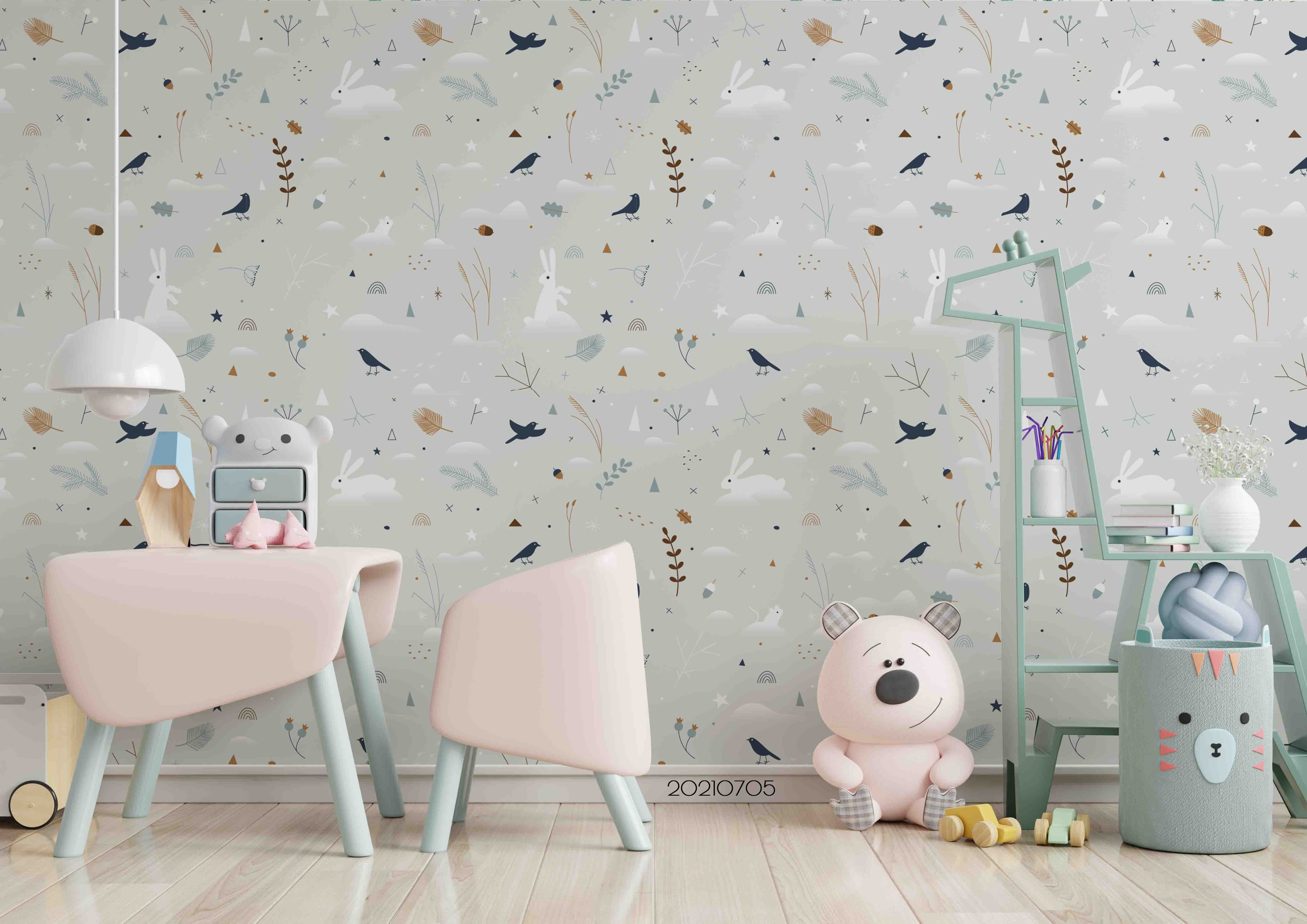 3D Hand Drawn Leaf Bird Rabbit Wall Mural Wallpaper Lqh 99