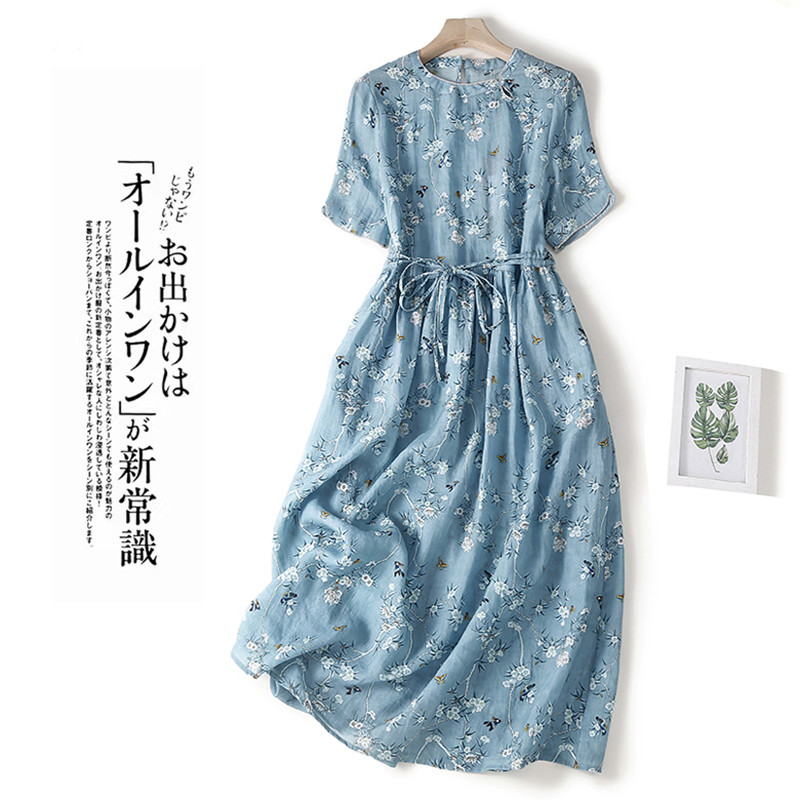 2022 New Thin Light Soft Print Floral Loose Cozy Vintage Summer Dress Belt Slim Office Lady Work Dress Women Casual Midi Dress alx