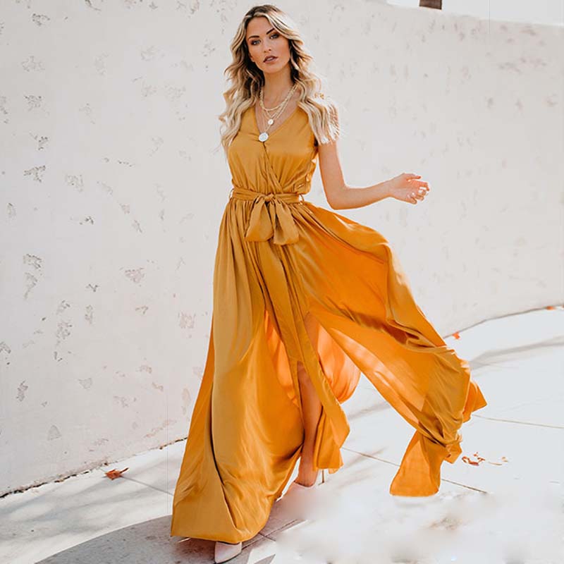 Yellow Dress Evening Party Dress Women Elegant V Neck Sleeveless Lace Up Split Casual Loose Long Maxi Dress Summer Beach Dress alx