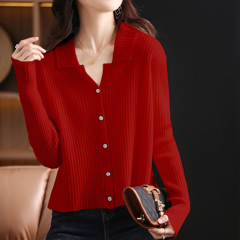 Casual Fashion Lapel Solid Color Button Cardigan Sweaters Female Clothing Autumn New Loose Commute Tops All-match Korean Basic alx