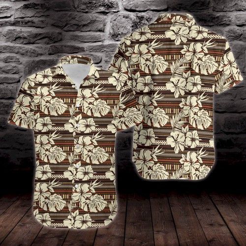 Abstract Hibiscus Flower Tribal Fabric Hawaiian Shirt