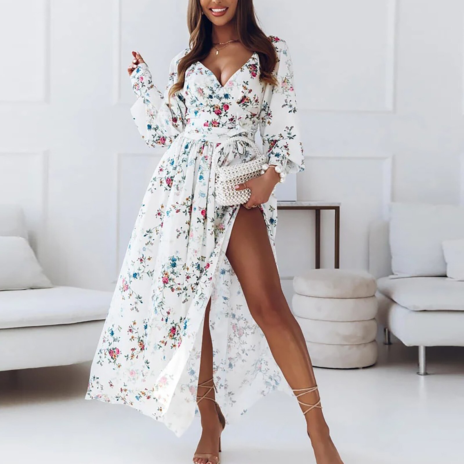 Women Party Dresses Sexy V-neck Floral Long Sleeve Dresses High Waist Casual Dress Elegant Women’s Dresses For Party 2022 alx