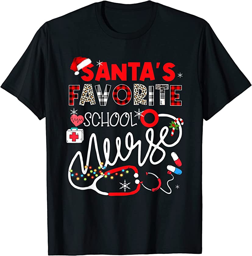 Santa’s Favorite School Nurse Xmas Lights Leopard Plaid T-Shirt