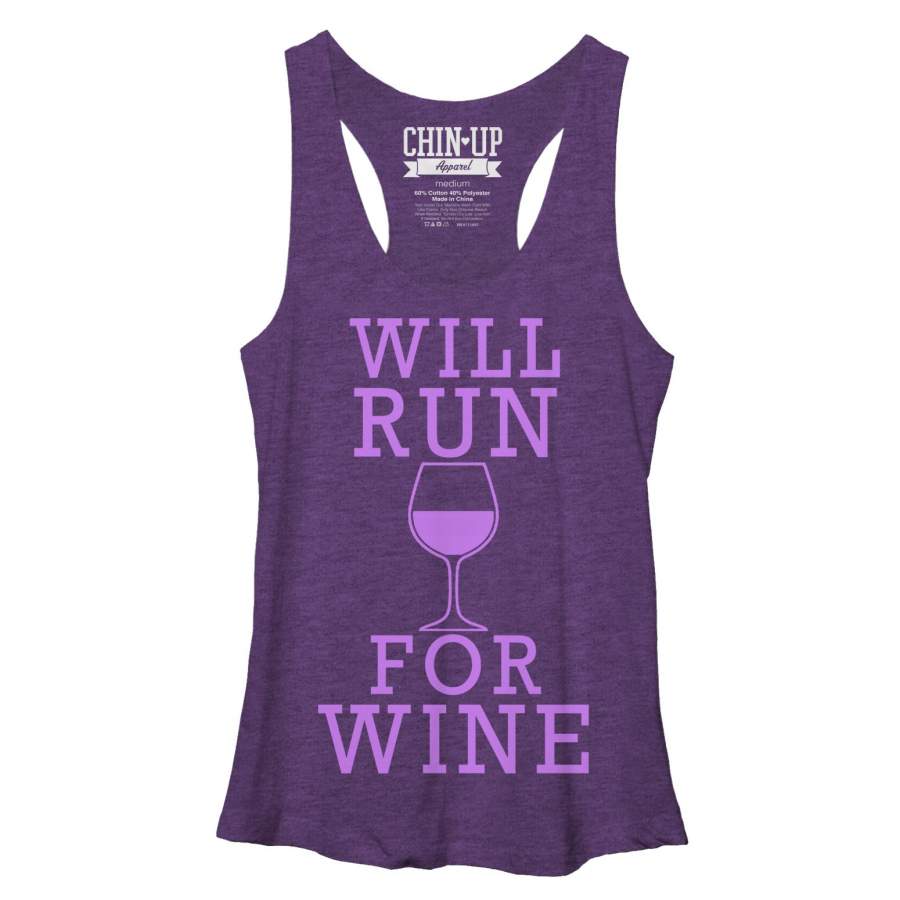 CHIN UP Women’s Will Run For Wine  Racerback Tank Purple Heather