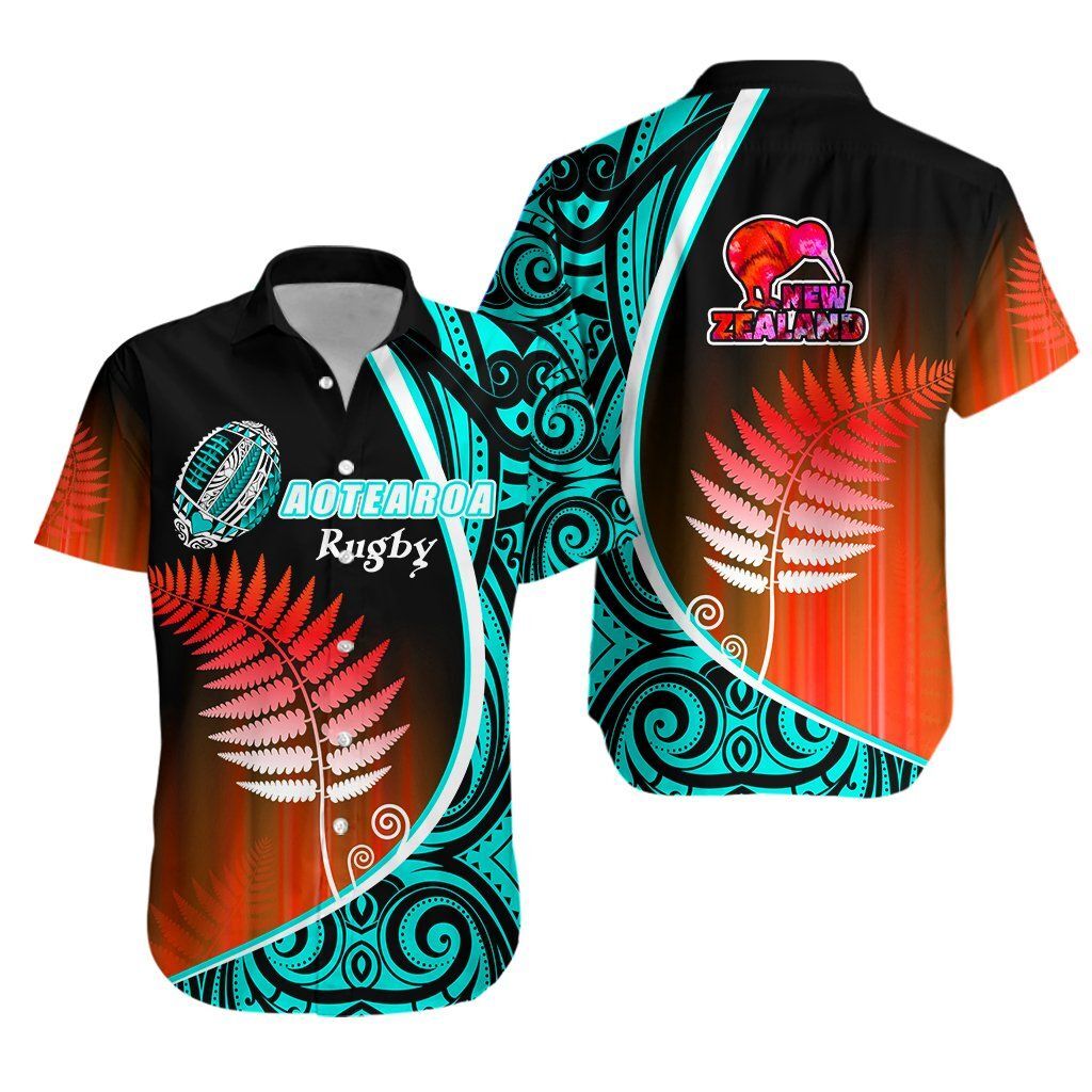 Aotearoa Rugby Black Maori Hawaiian Shirt Kiwi And Silver Fern New Zealand – Blue K13