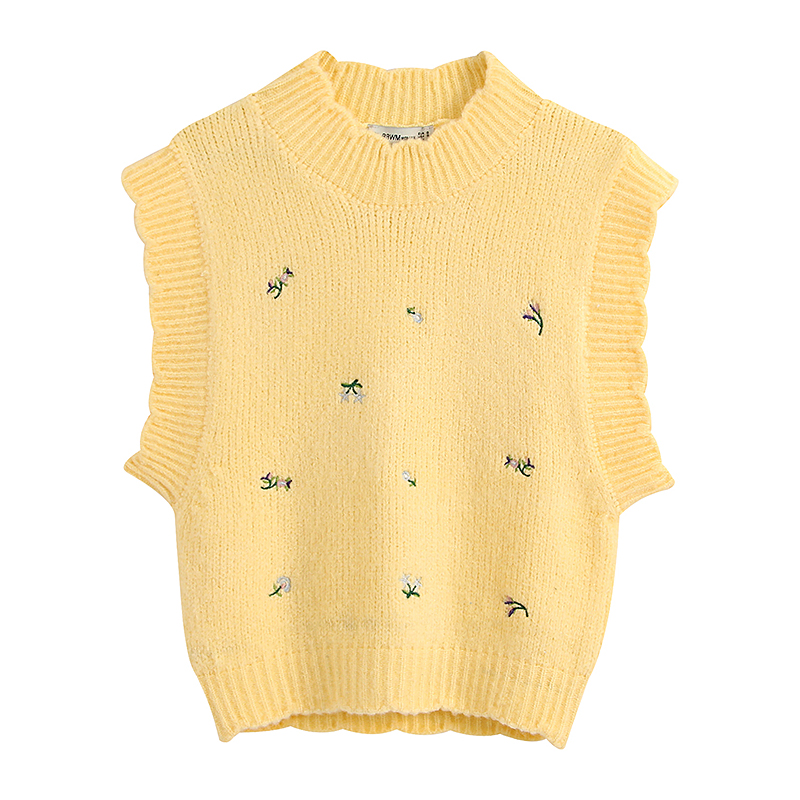 vintage sweet floral embroidery yellow knitted vest sweater women 2020 fashion high neck sleeveless female waistcoat chic tops alx