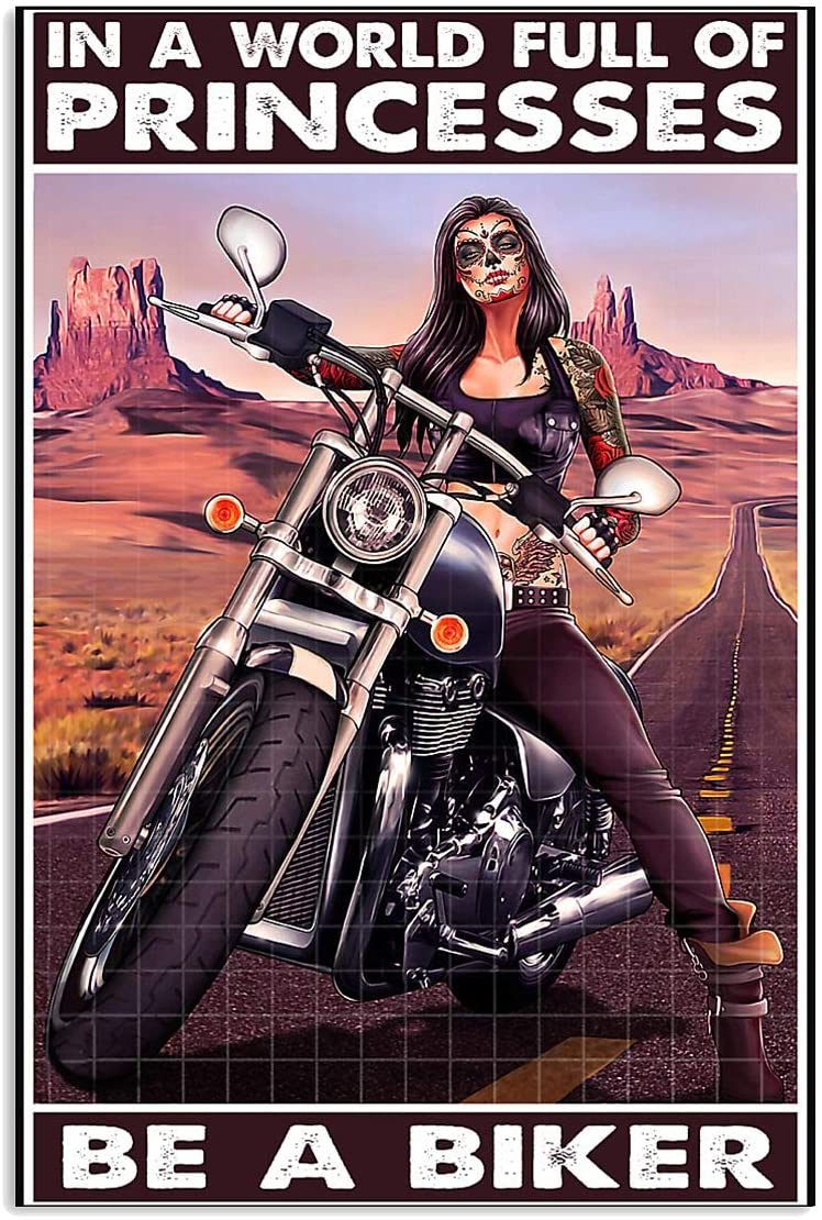 Vintage Skull Female Biker – Be A Biker Poster Art Print      Home Decor Gift For Men Women Family Friend On Birthday Xmas