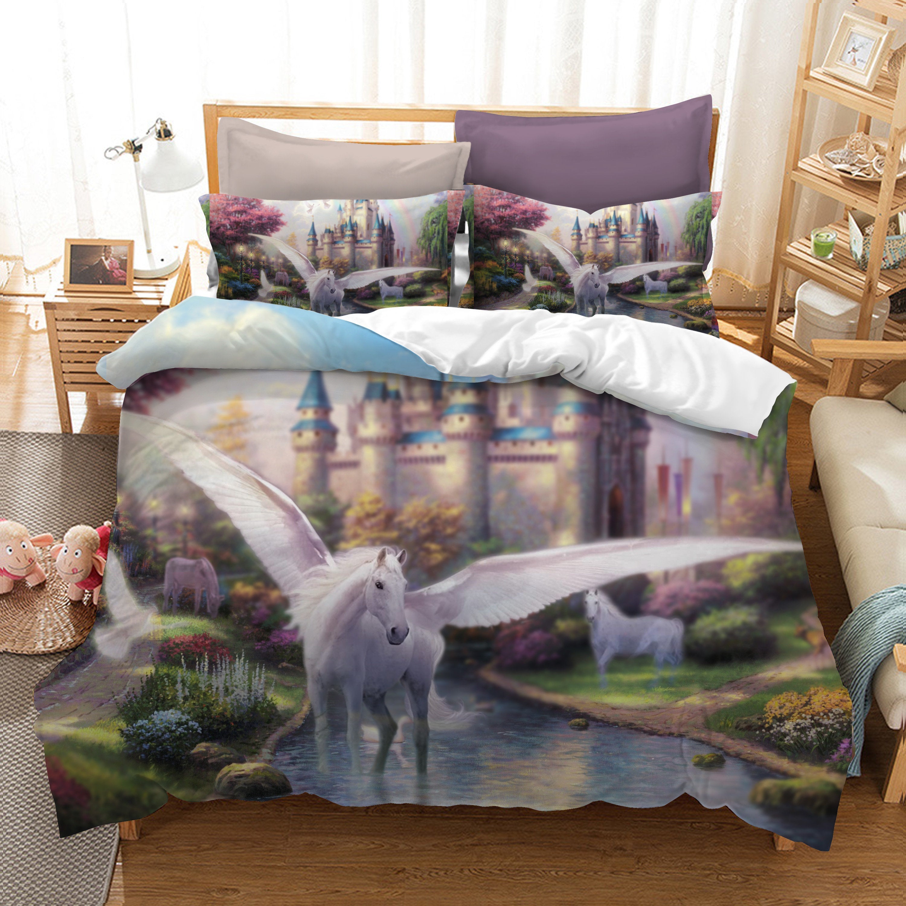 3D Cartoon Kids Castle Unicorn Bedding Set Quilt Cover Quilt Duvet Cover ,Pillowcases Personalized  Bedding,Queen, King ,Full, Double 3 Pcs