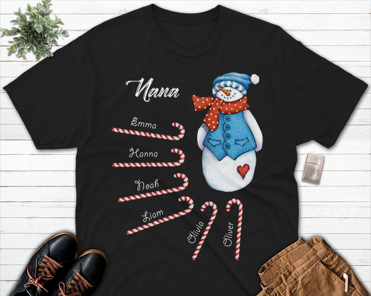 Personalized T-Shirt For Grandma Mimi Old Snowman & Candy Cane Printed Custom Grandkids Name