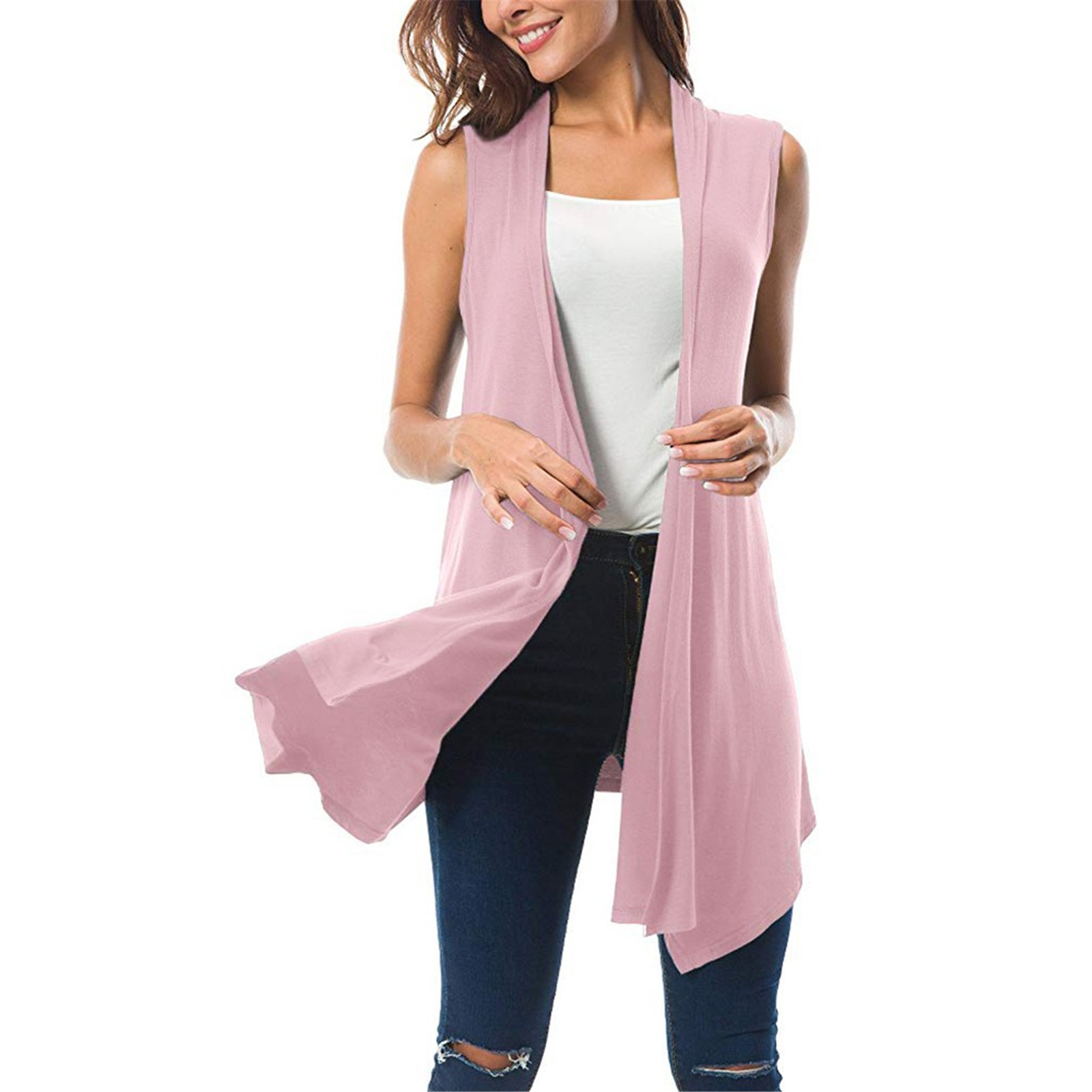 Women’s Sleeveless Draped Open Front Cardigan Vest Asymmetric Hem Tops Ladies Casual Loose Vintage Long Cardigans Female Clothes alx