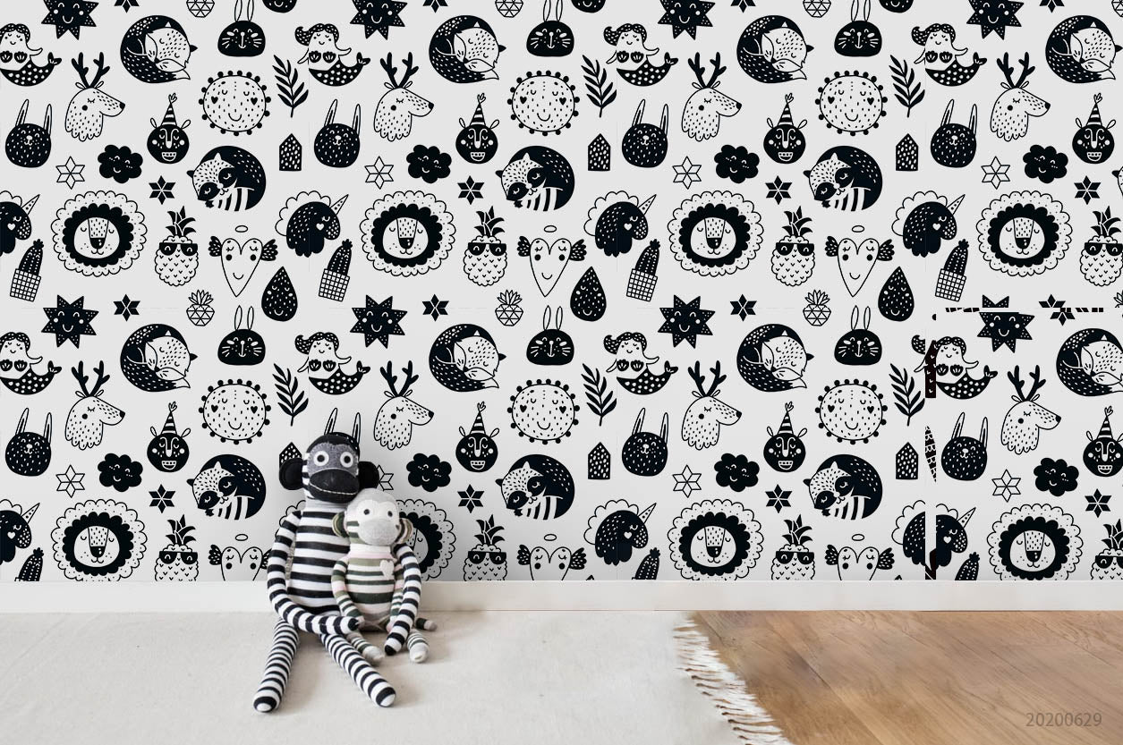 3D Black Cartoon Animal Fruit Wall Mural Wallpaper A423 Lqh