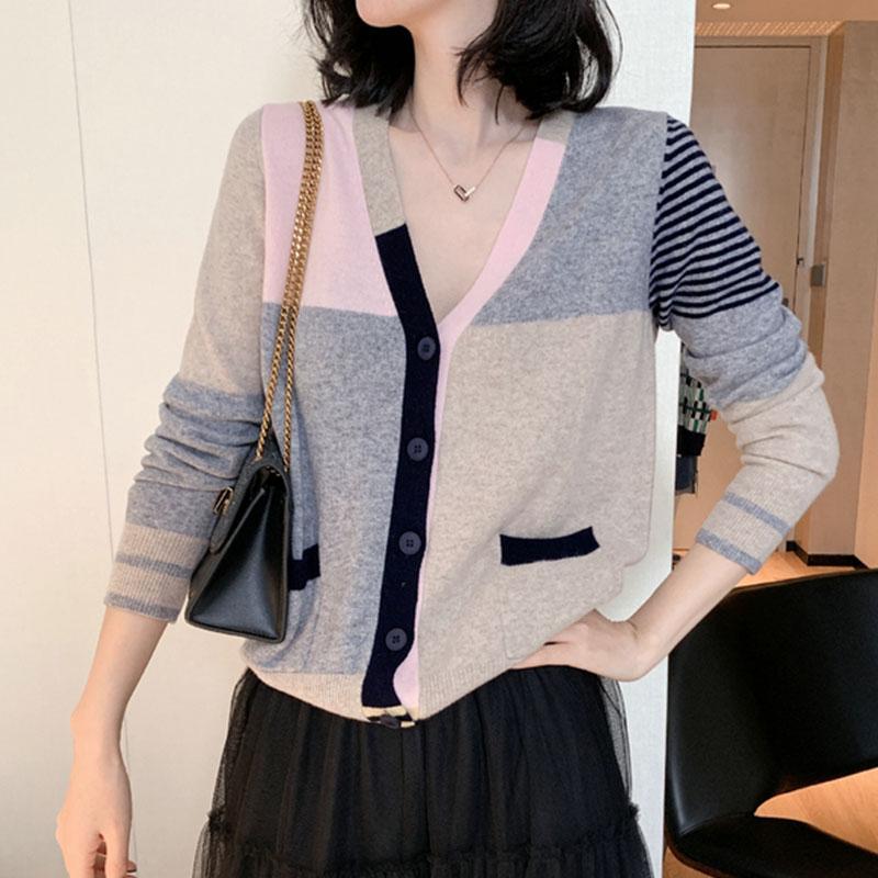 Vangull Patchwork Women Knitted Sweater Cardigans Long Sleeve Stripe Cardigans Tops Fall Single Breasted Female Office Sweater alx