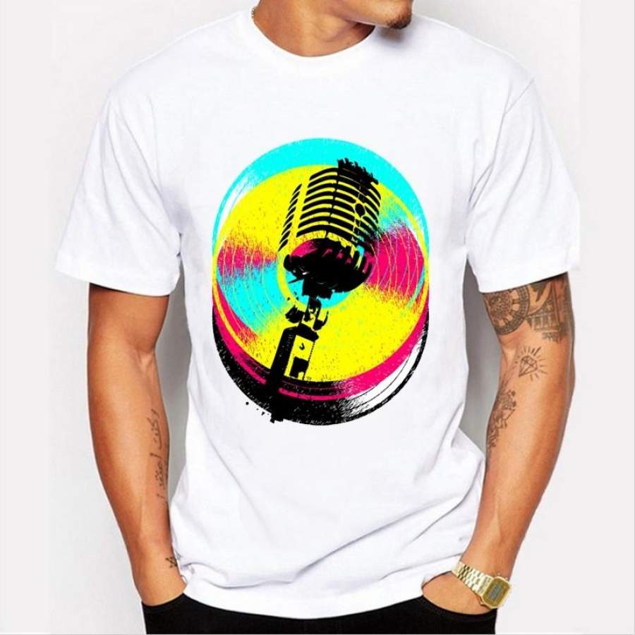 The Latest Summer Fashion Men’S High-Quality Personalized Cd Microphone Pattern Printing Casual Short-Sleeved Round Neck T-Shirt