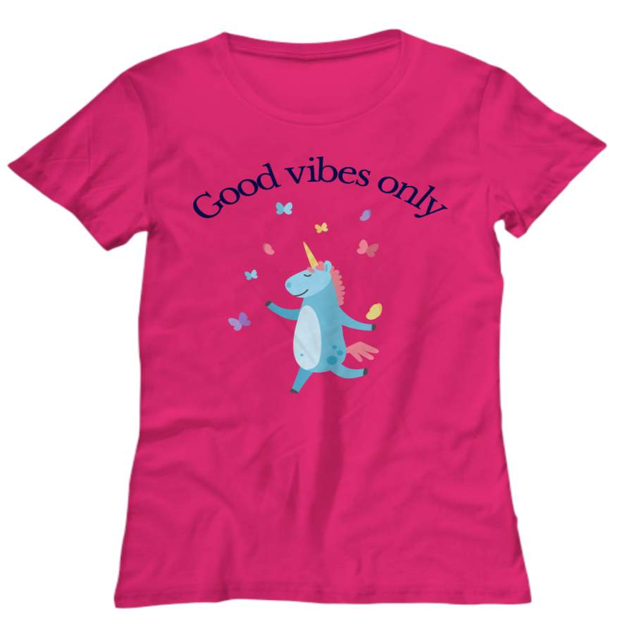 Woman pink Unicorn cotton t-shirt with Good Vibes .