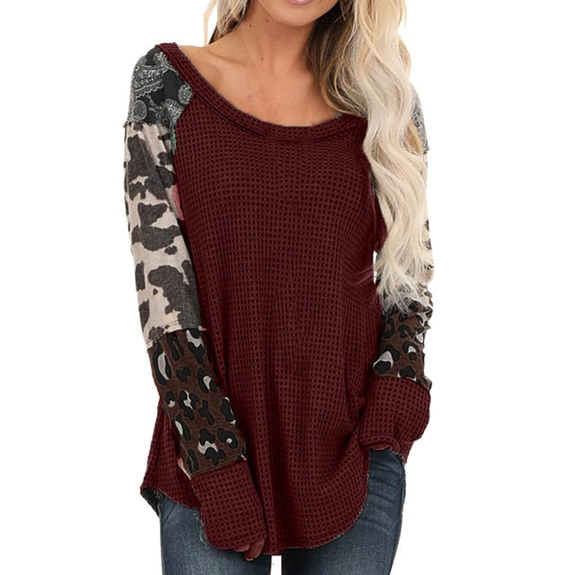 Leopard Print Patchwork Long Sleeve Pullover Sweaters