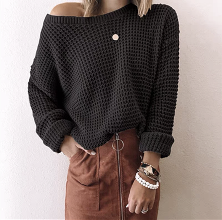 Summer To Autumn Women Solid Boat Neck Drop Shoulder Casual Knit Pull Sweater Femme Long Sleeve Y2K Mesh Pullovers Top Clothes alx