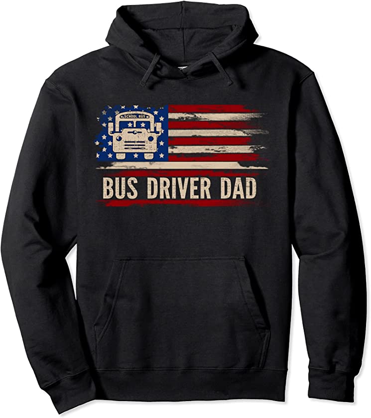 Vintage School Bus Driver Dad American USA Flag Gift Pullover Hoodie