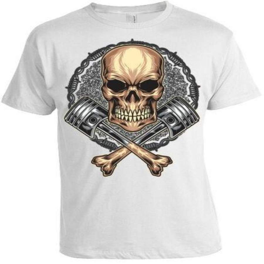 Skull Crossbones Piston T-Shirt Mens Skull Biker Metal Rock Punk Goth