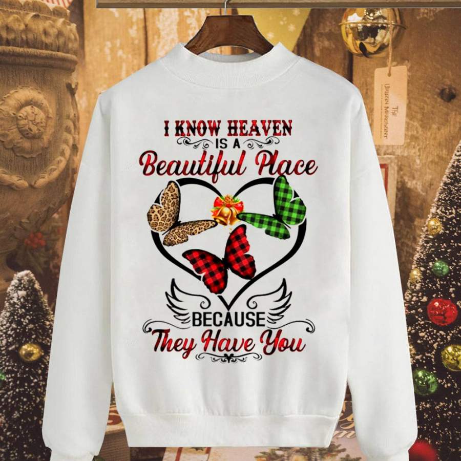 Butterfly i know heaven is a beautiful place because they have you red plaid leopard bells noel white sweatshirt for men and women S-5XL