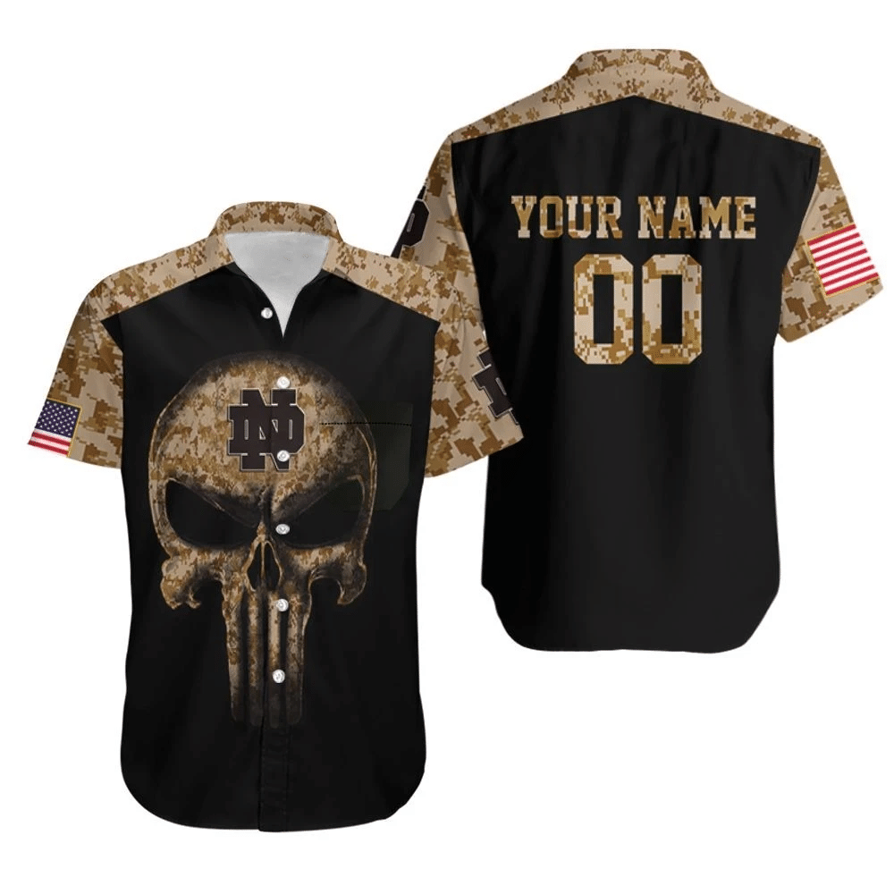 Camouflage Skull Notre Dame Fighting Irish American Flag Personalized Hawaii Shirt Beach Set Ha102698