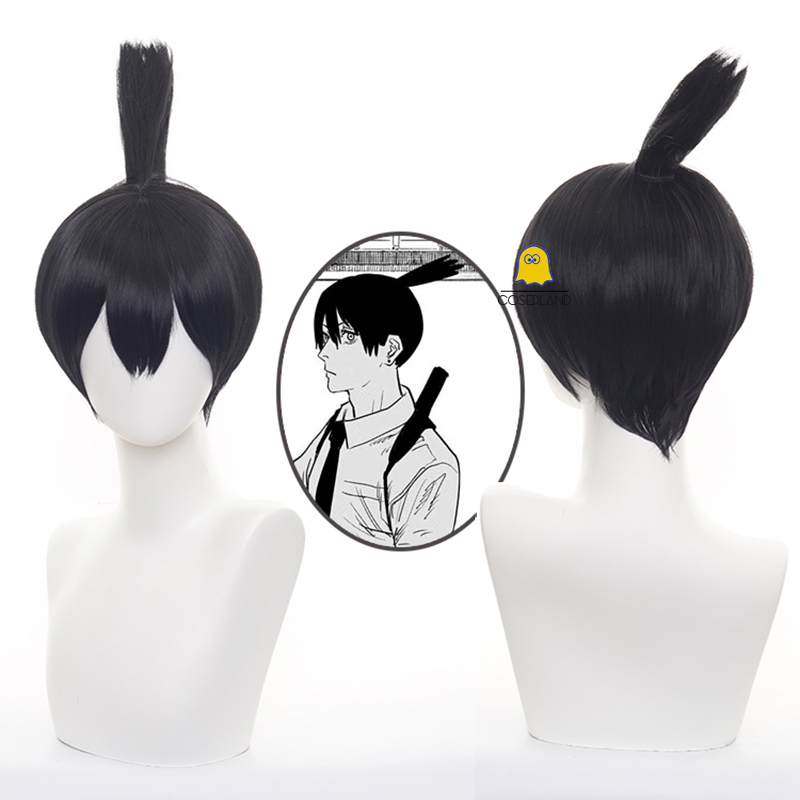 Anime Chainsaw Man Aki Hayakawa Cosplay Wig Dark Blue Topknot Style Fiber Hair with Wig Cap Halloween Party Role Play Wig alx