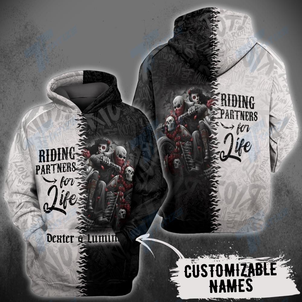 Skull couple riding partner for life custom 3D All Over Printed Shirt, Sweatshirt, Hoodie, Bomber Jacket Size S – 5XL