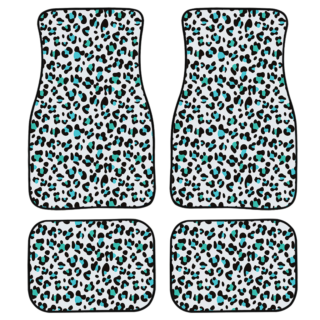 White And Teal Leopard Print Front And Back Car Floor Mats, Front Car Mat