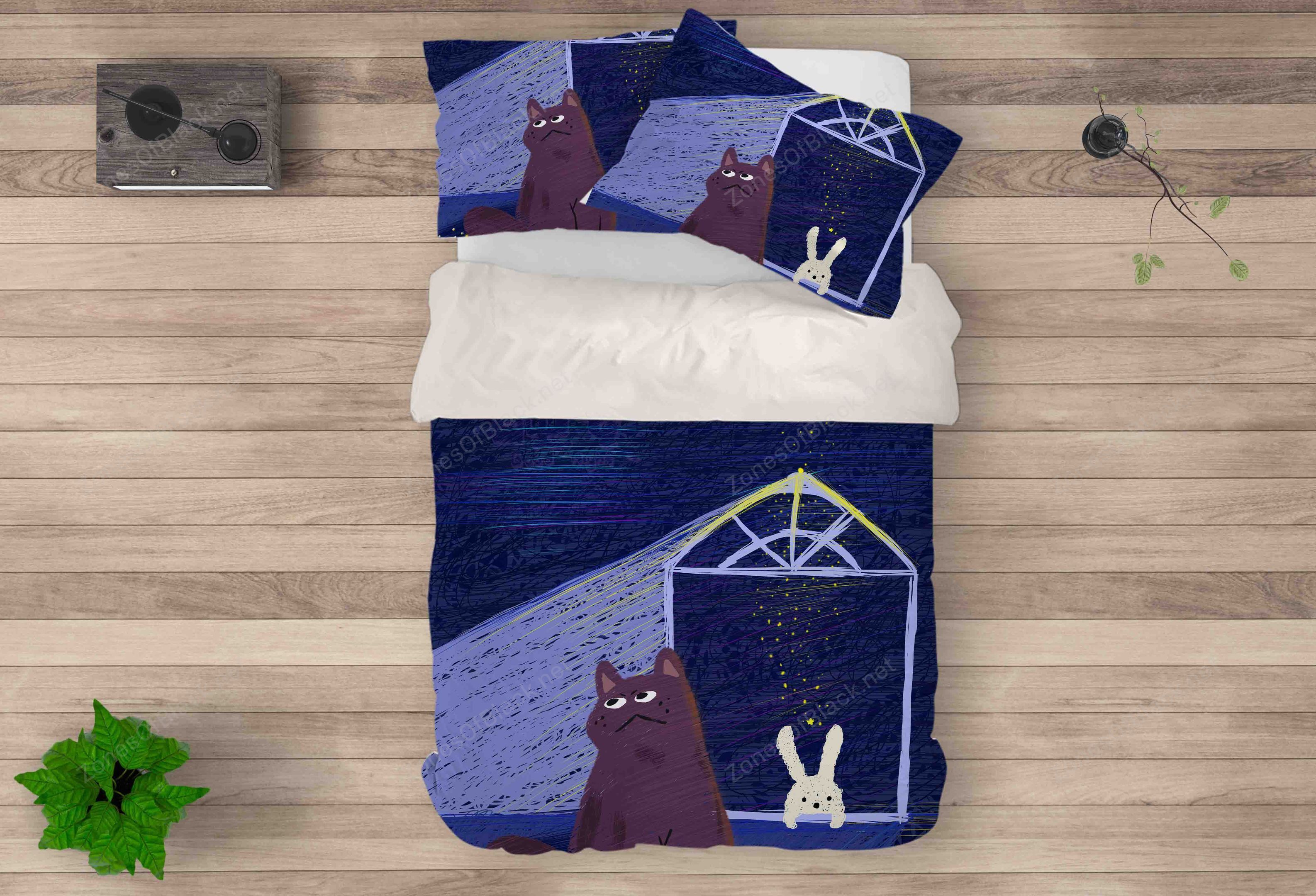 3D Blue House Rabbit Cat Bedding Set Bedroom Decor