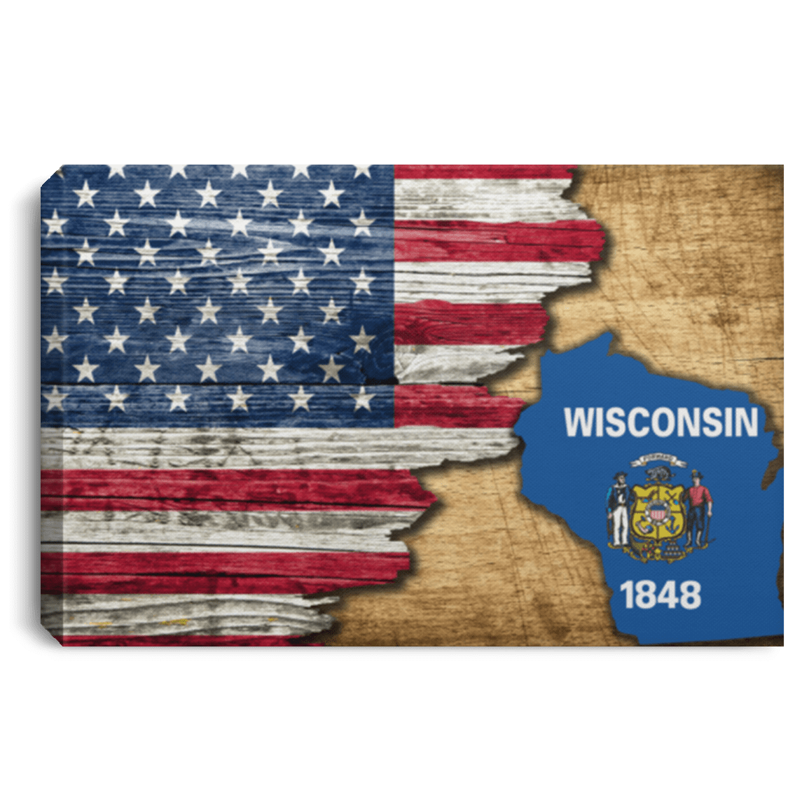 United States/Wisconsin Flag Ripped Effect 24X16 Inches  Landscape Canvas .75In Frame