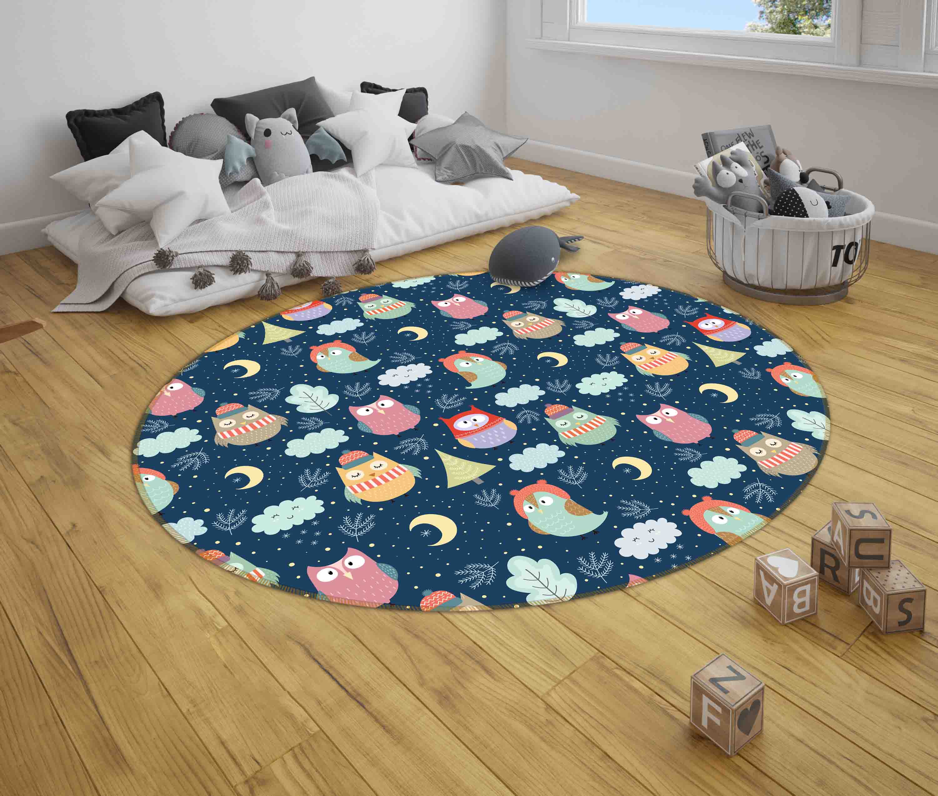 3D Cartoon Animal Owl Cloud Kids Non-Slip Round Rug Mat 99