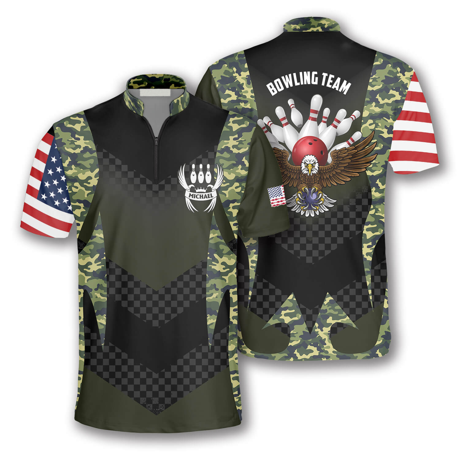 Camouflage Eagle Flag Custom Bowling Jerseys For Men, 3D All Over Print Bowling Shirt, Eagle Flag Shirt