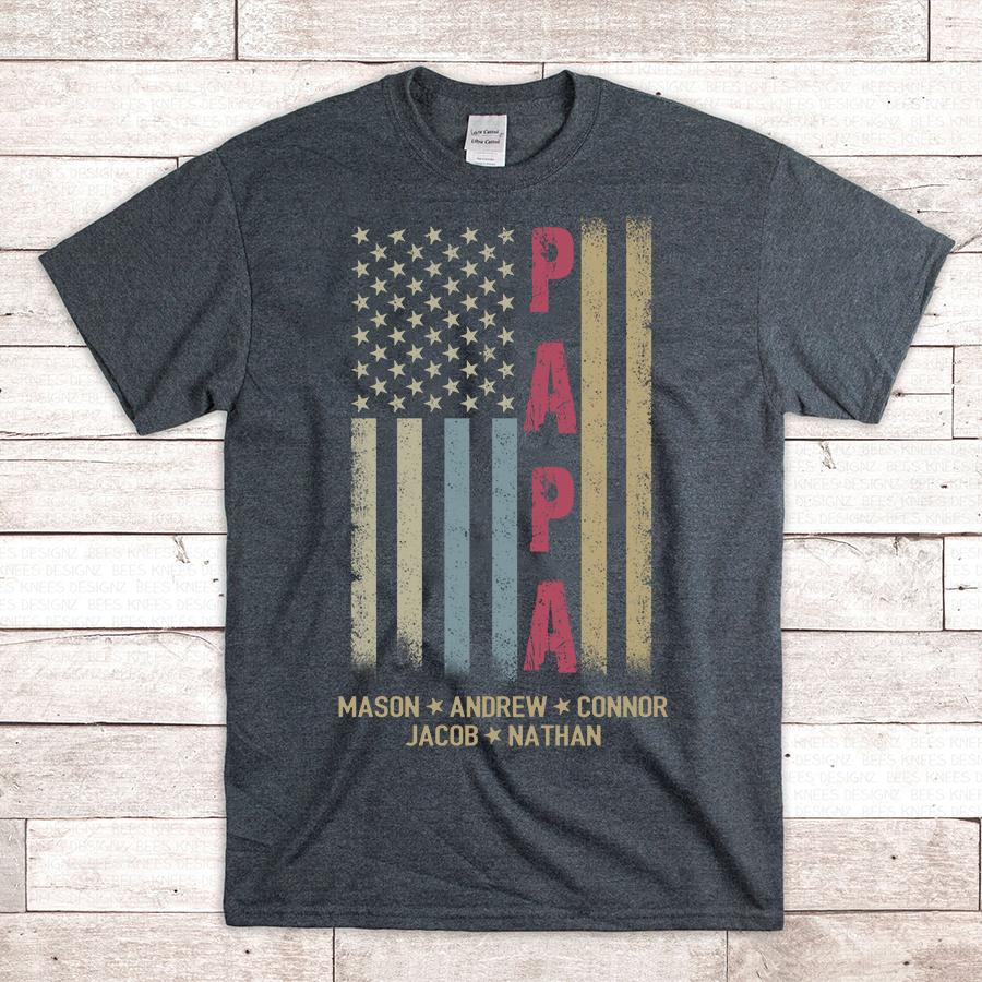 Personalized Grandpa Shirt, Papa Shirt, American Flag – Papa With Grandkid Names | T-Shirt