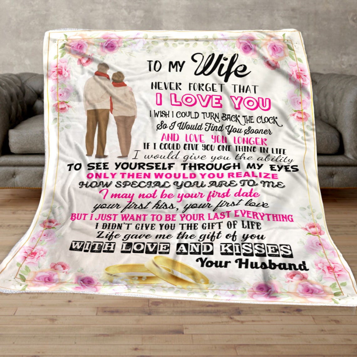 To My Wife With Love And Kisses Fleece Blanket Gift For Wife Couple Valentine’S Day Home Decor Bedding Couch Sofa Soft And Comfy Cozy