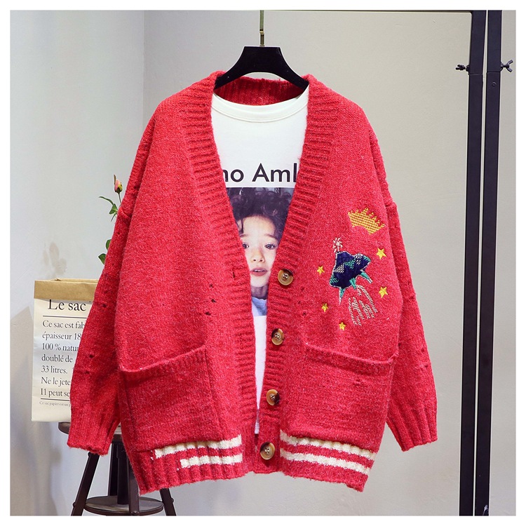 AZYT Harajuku Loose Elegant V Neck Women Cardigan Sweater Autumn Winter Knit Cardigan Cartoon Embroidery Oversize Sweater Coat alx