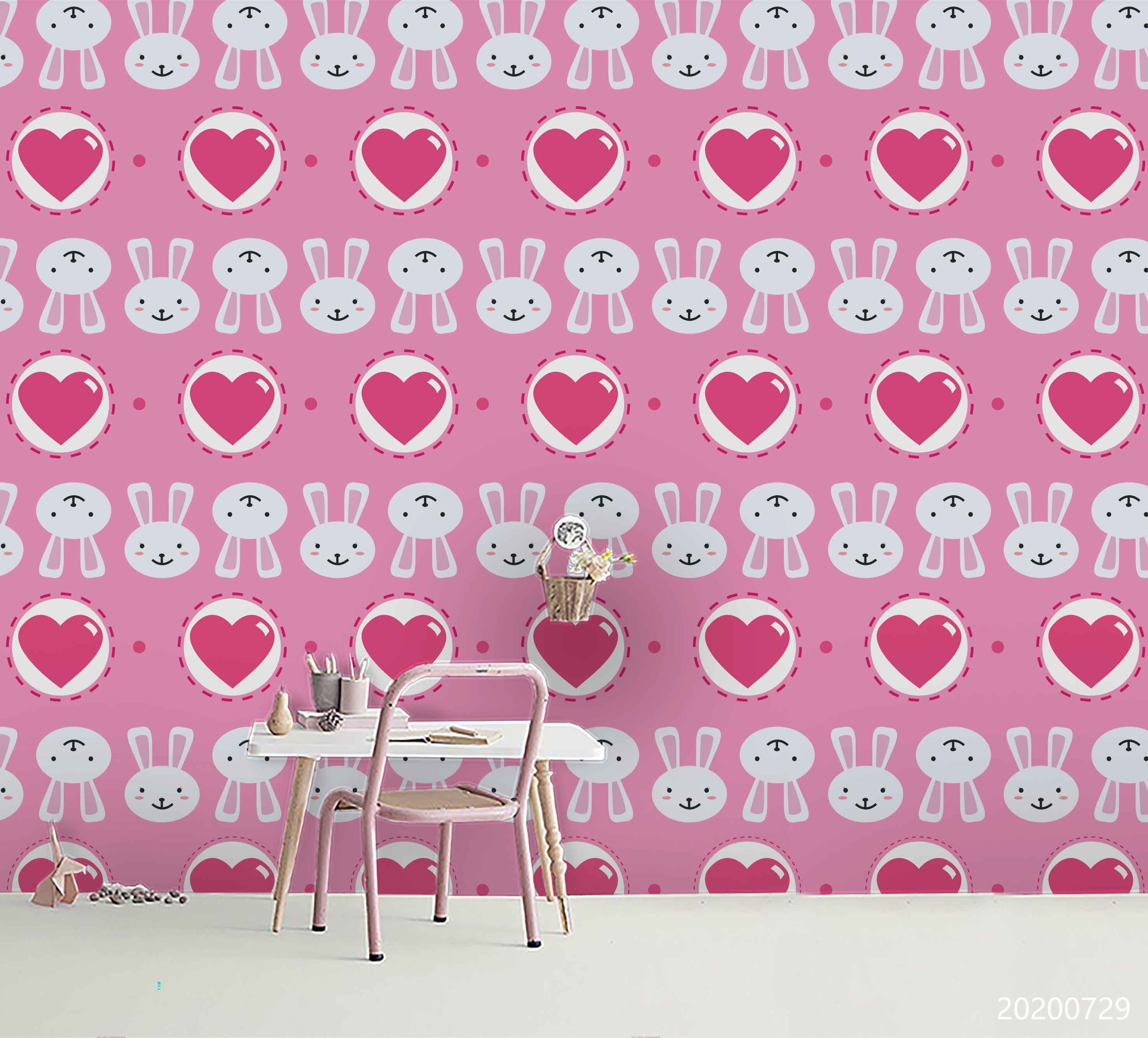 3D Cartoon Pink Heart Bunny Wall Mural Wallpaper Lxl 589