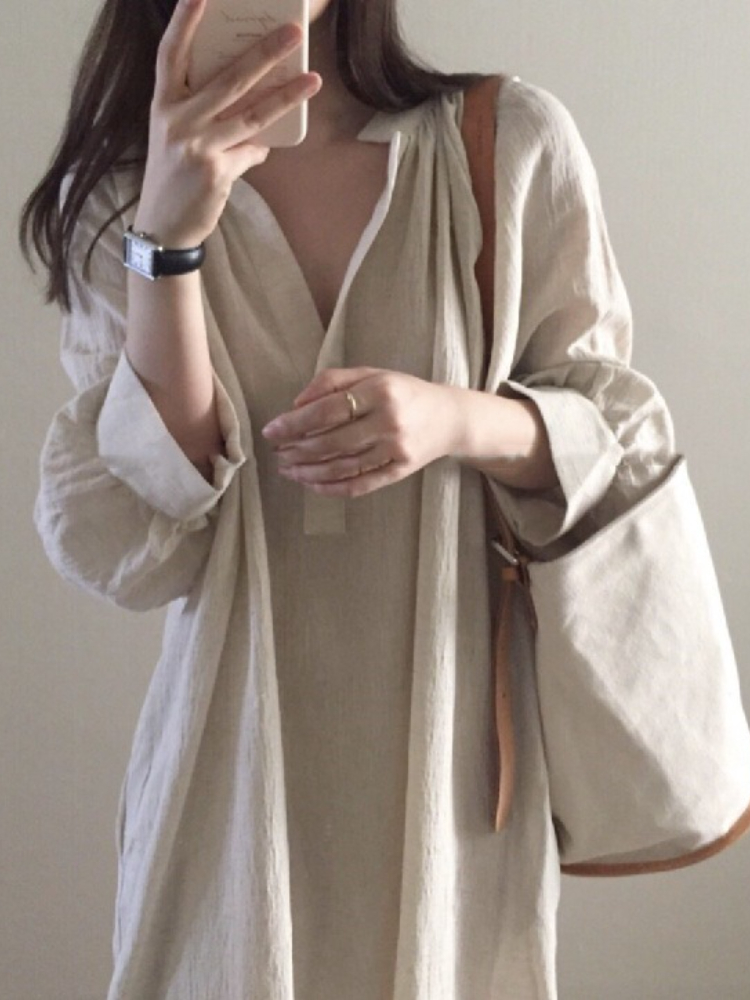 Summer New Loose Ladies Dress Solid Color Simple Cotton and Linen Shirt Dress Mid-length V-neck Over-the-knee Casual Dress alx