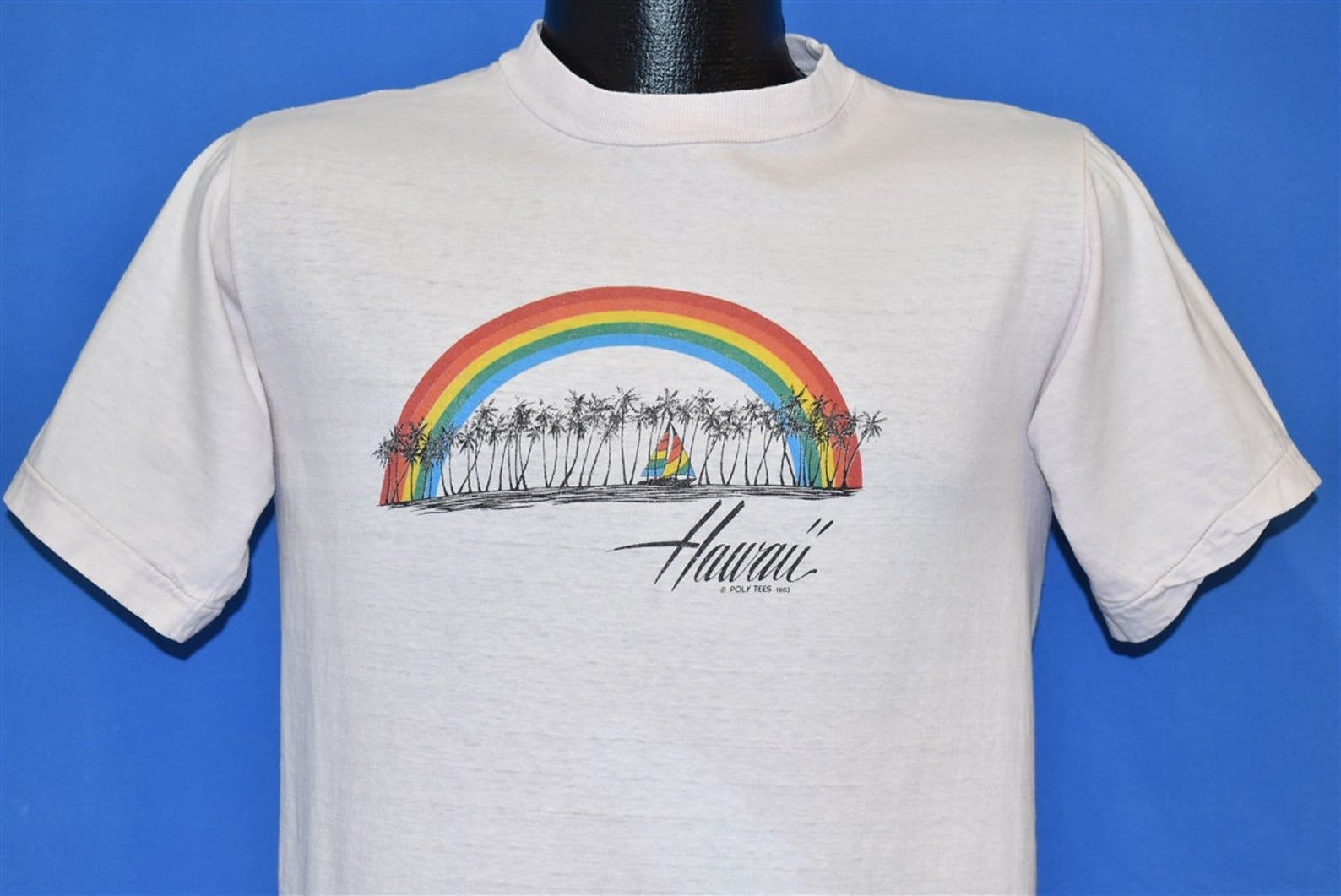80S Hawaii Rainbow Poly Tees Palm Trees Pink T-Shirt