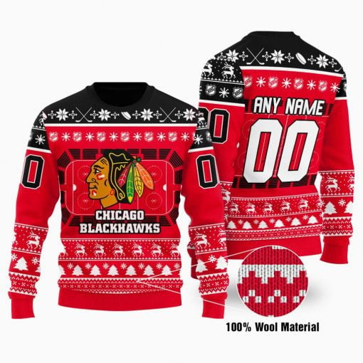 Chicago Blackhawks Custom Name Number Red Stadium Gift For Fan Ugly Wool Sweater Christmas