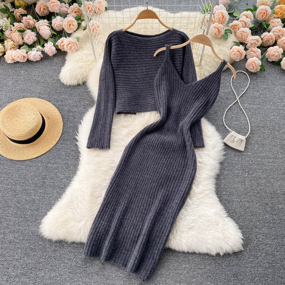 Women Two Piece Sets Elegant Slim Female Sweater Dress Autumn Winter High Waist Knitted Ensemble Femme Medium Long Party Dresses alx