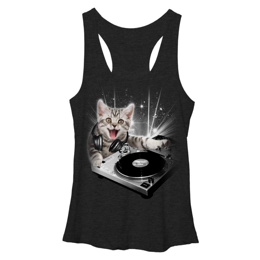 Lost Gods Women’s DJ Space Kitten  Racerback Tank Black Heather