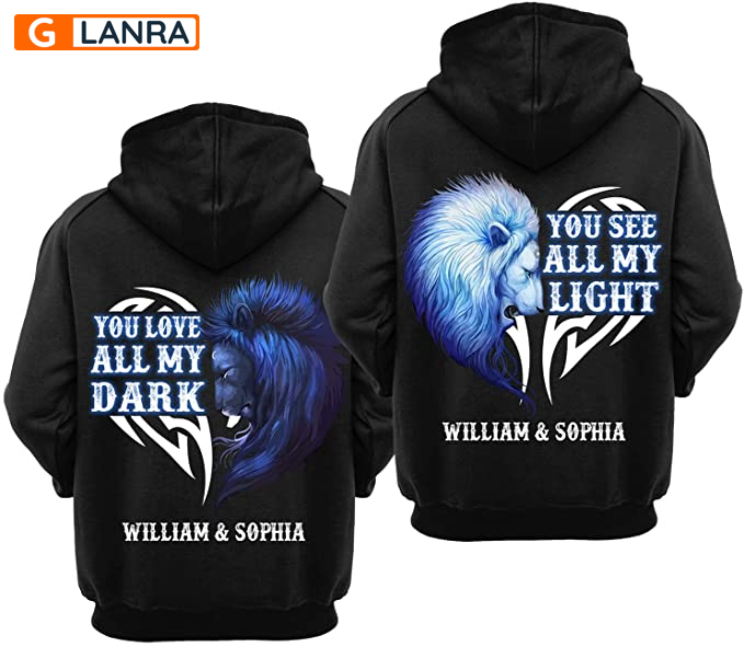 Personalized You See All My Light You Love All My Dark Hoodie, Custom Lion Couple Hoodie, Couple Hoodie, Husband Wife Unisex Sweater, Sweatshirt