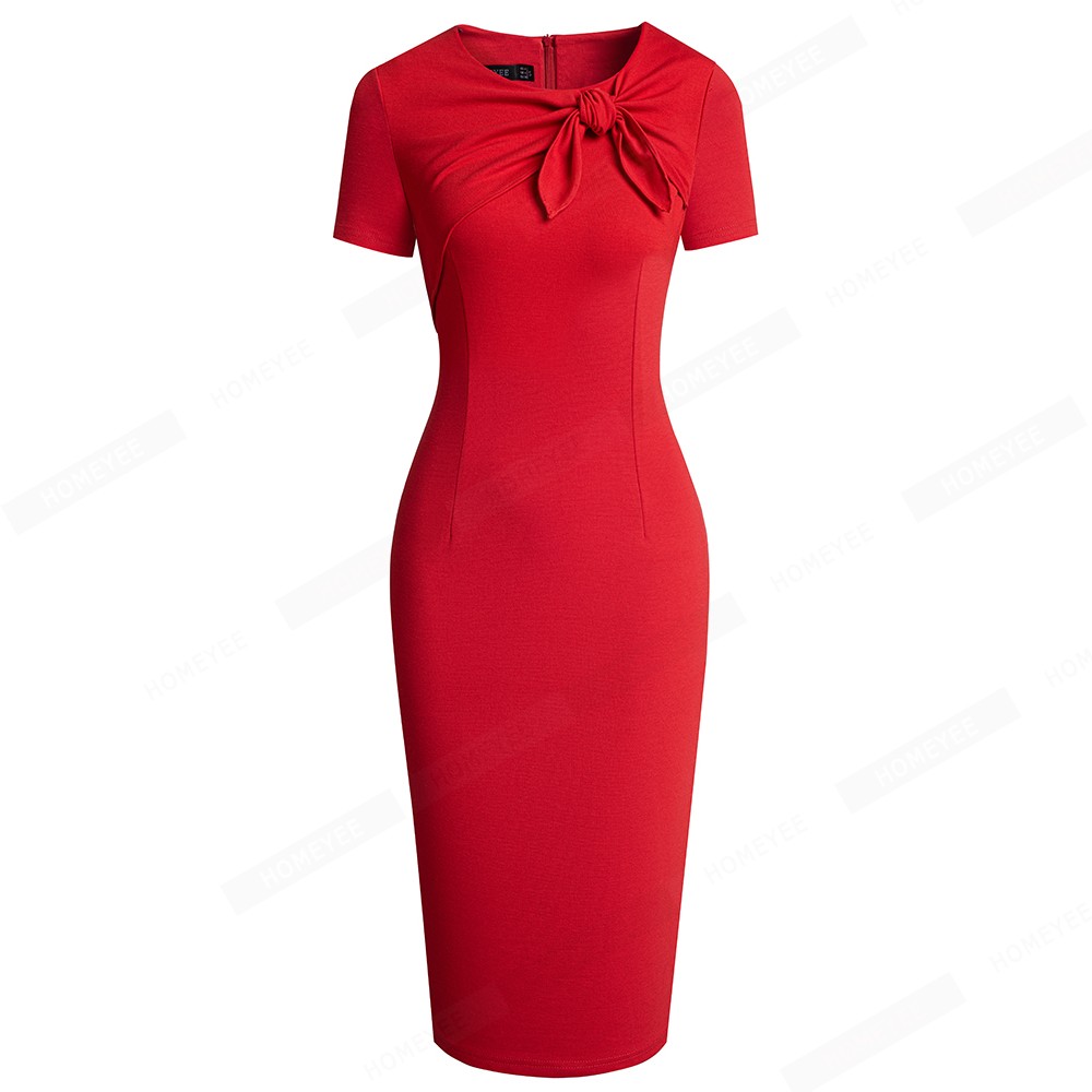 Women Wear to Work Round Neck Short Sleeve Knotted Embellished Slim Office Pencil Dress EB658 alx