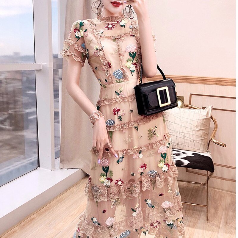 ZAWFL High Quality 2021 New Arrival Round Collar Flower Embroidery Short Sleeve Woman Long Gauze Lace Party Formal Dress alx