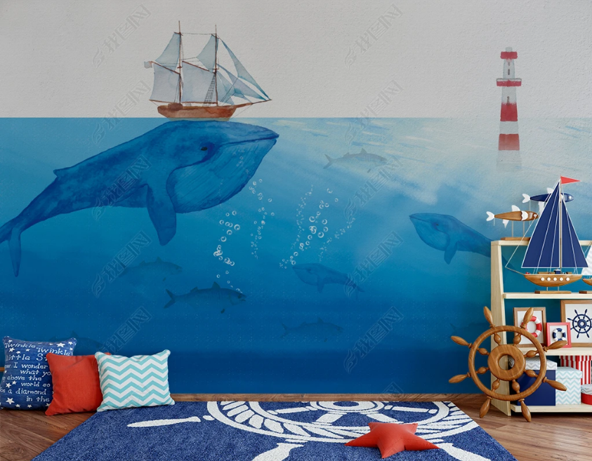 3D Cartoon Sea Dolphin Lighthouse Sailboat Wall Mural Wallpaper Lqh 58