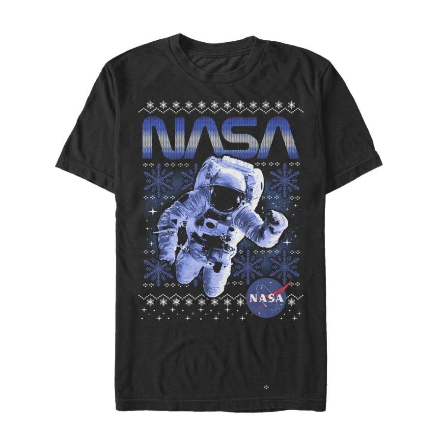 NASA Men’s Ugly Christmas Astronaut Print  T Shirt Black