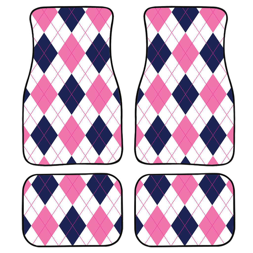 White Blue And Pink Argyle Pattern Print Front And Back Car Floor Mats, Front Car Mat